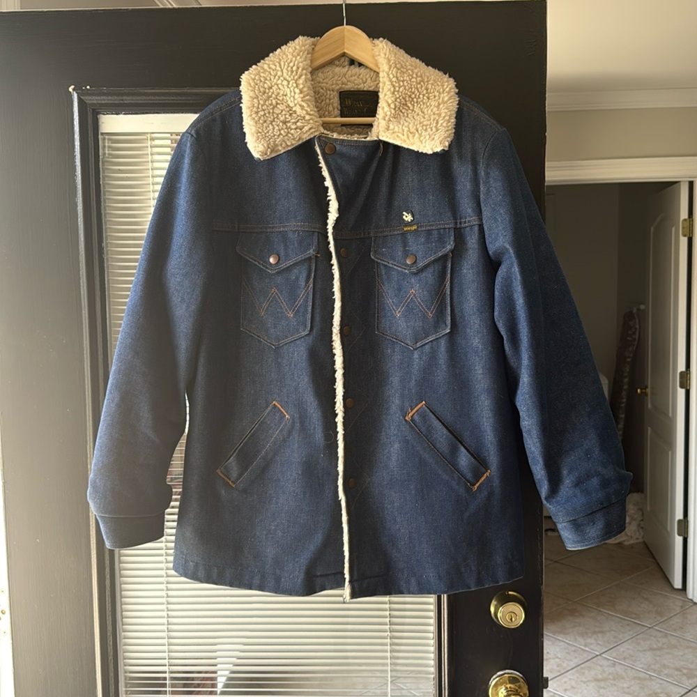 Vintage 70s Wrangler Wrange Coat Men's XL Blue Sherpa Lined Barn Chore Western
